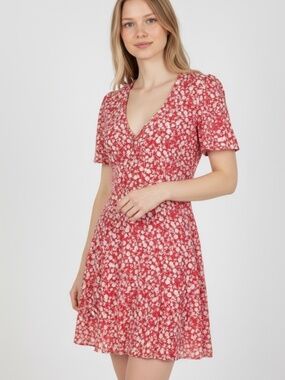 Thanne Red White Floral V-Neck Short Sleeve Mini Dress Size 10